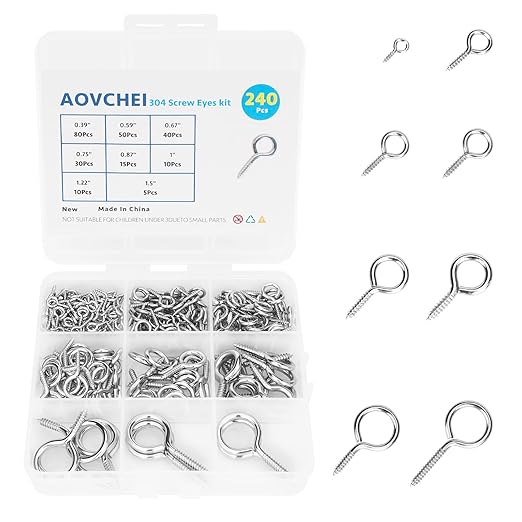 Aovchei Screw Eyes Set, 240PCS 0.39" 0.59" 0.67" 0.75" 0.87" 1" 1.22" 1.5" 304 Stainless Steel Eye Screws, Heavy Duty Screw, Eye Hooks Screw Eye Bolts Eye Hooks Screw, Indoor & Outdoor