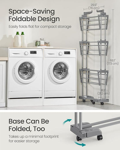 SONGMICS Clothes Drying Rack 4-Tier, Foldable Laundry Drying Rack 68.1-Inch Tall, Stainless Steel, Rolling Clothes Horses, Clothes Airer, Indoor Outdoor Use, Dove Gray ULLR703G01