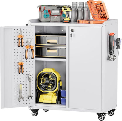 Steel Garage Storage Cabinet with Wheels and 2 Lockable Doors, Metal Storage Cabinet with Pegboard and Hooks for Garage,Home,Warehouse,Assembly Required,White,13.8" D x 26" W x 31.5" H