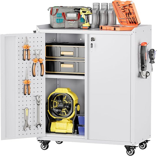 Steel Garage Storage Cabinet with Wheels and 2 Lockable Doors, Metal Storage Cabinet with Pegboard and Hooks for Garage,Home,Warehouse,Assembly Required,White,13.8" D x 26" W x 31.5" H