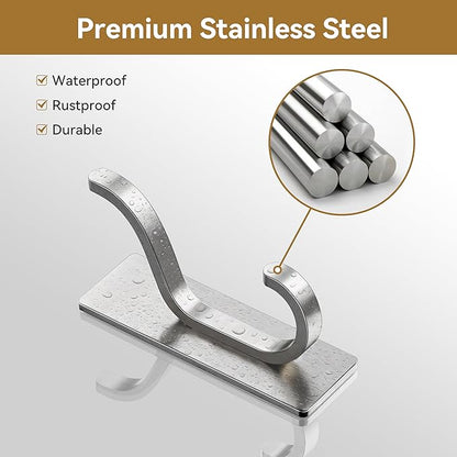 pickpiff Adhesive Wall Hooks for Hanging Towels - Heavy Duty Stick On Hooks, Strong Hold up to 13 lbs, Hangers for Coats, Bags, Purses, Ideal for Door, Closet, or Bathroom, Brushed Silver,4 Pack