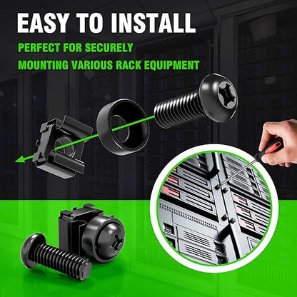 50 PACK M6 x 16mm Rack Mount Cage Nuts, Screws and Washers for Rack Mount Server Cabinet, Rack Mount Server Shelves, Routers, Rack Mount Screws and Square Insert Nuts, Self-Locking Cable Ties for Free