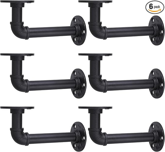 MUZIK Industrial Pipe Shelf Brackets, Wall Mount Floating Shelf Bracket Heavy Duty L Pipe Shelving Brackets for Shelves- Vintage Black Iron Finish DIY Pipe Shelf (7*4 Inch)