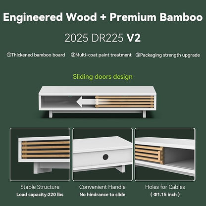 Monitor Stand Riser with Sliding Door, Computer Laptop Stand Desk Shelf Organizer with Storage (White + Natural Bamboo, 25 Inch)