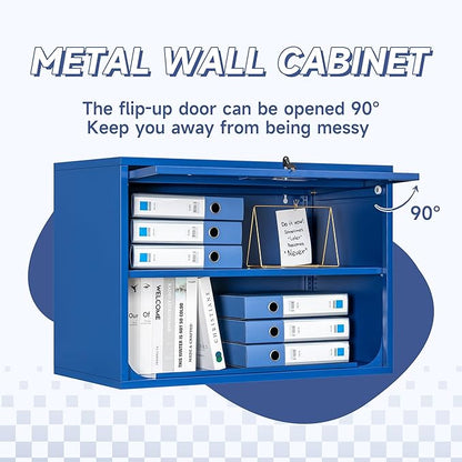 Metal Wall Cabinet with Locking Door and Shelf, Hanging Garage Cabinets with Up-Flip Doors for Garage, Warehouse, Home, Office, Assembly Required (Blue, One Cabinet)