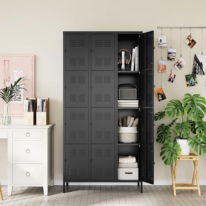 Letaya Metal Lockers for Employees-12 Door Storage Locker with Shelves and Lockable Steel Cabinet for School,Gym,Office,Staff (Black, 12 Door)