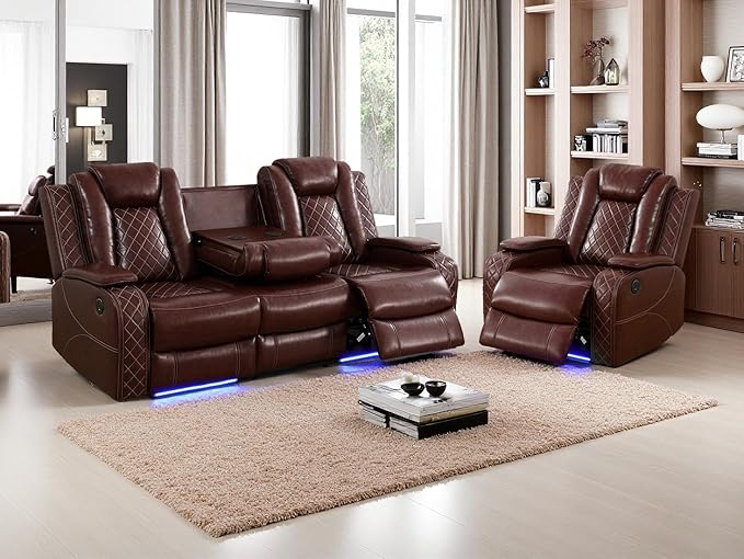 2-Piece Power Recliner Sofa Set, Living Room Furniture Sets, Brown Leather Power Reclining Sofa Set with 3 Recliner Seats/Storage Console/Cup Holder/LED Light for Home/RV/Bedroom/Living Room