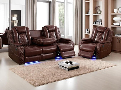 2-Piece Power Recliner Sofa Set, Living Room Furniture Sets, Brown Leather Power Reclining Sofa Set with 3 Recliner Seats/Storage Console/Cup Holder/LED Light for Home/RV/Bedroom/Living Room