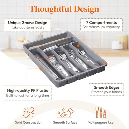 Lifewit Silverware Organizer with Lid, Covered Utensil Tray for Kitchen Drawer and Countertop, Plastic Cutlery and Flatware Storage Box for Spoons Forks Knives Holder Case, 29 x 37cm, Gray