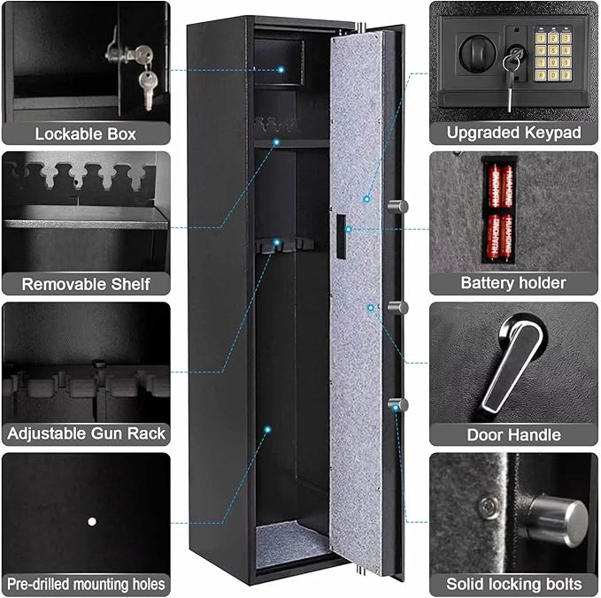 Large Rifle Safe, Long Gun Safe for Rifle Shotgun for Home, Quick Access 5-6 Gun Storage Cabinet with a Handgun Lock Box and a Removable Shelf, Silent Mode(PIN Code Version)