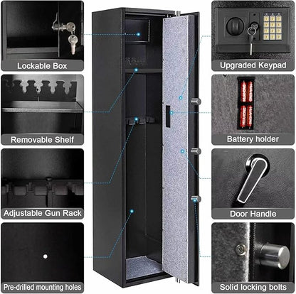 Large Rifle Safe, Long Gun Safe for Rifle Shotgun for Home, Quick Access 5-6 Gun Storage Cabinet with a Handgun Lock Box and a Removable Shelf, Silent Mode(PIN Code Version)