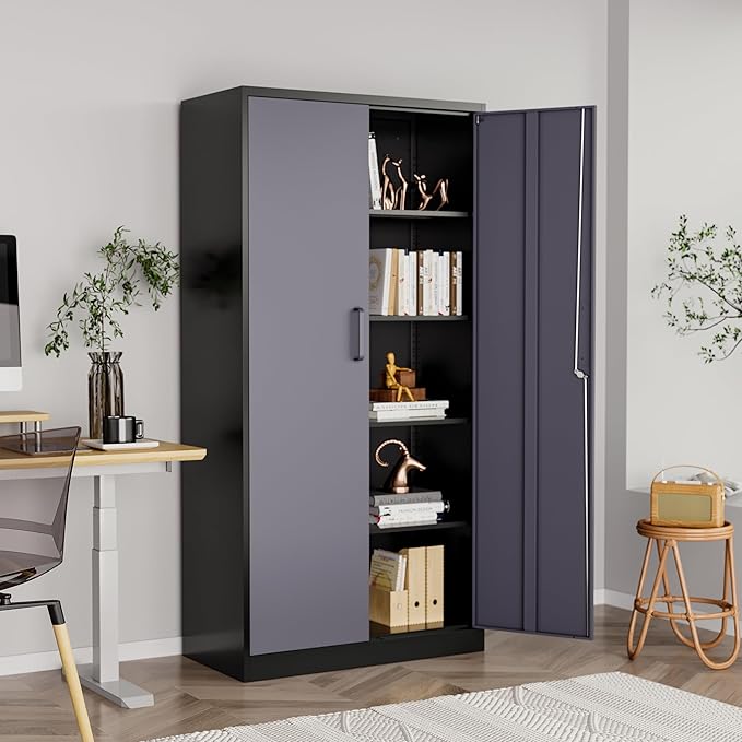 Metal Storage Cabinet with Lock,71" Garage Cabinets with 2 Doors and 4 Adjustable Shelves, Steel Locking Caninets Tall Tool Storage Caninet, Lockable File Cabnet for Home Office, Pantry