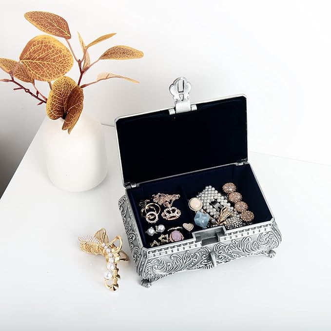 Feyarl Vintage Jewelry Trinket Box Earring Ring Treasure Chest Case Necklace Organizer Storage Decorative Keepsake Box for Girl Woman Christmas Gift Home Deco(6.7 x 4.7 x 3.5 inch)