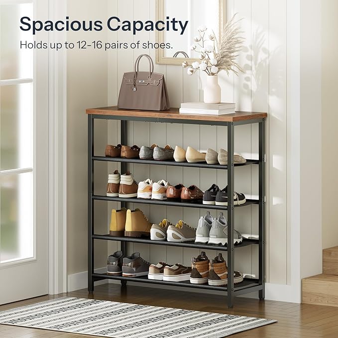 HOOBRO Shoe Rack with 4 PU Shelves, 5-Tier Shoe Storage Organizer for Closet and Entryway, Holds 12-16 Pairs of Shoes, Sturdy Metal Frame, Small Spaces, Rustic Brown and Black BF95XJ01