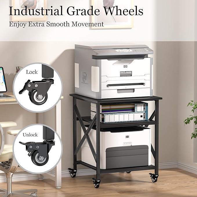 Printer Stand, 23.6 x 23.6 Inches Large Printer Stand with Adjustable Storage Shelf, 3 Tier Printer Table for Home Office, Rolling Printer Cart with Industrial Wheels, Mini Fridge Stand Table, Black