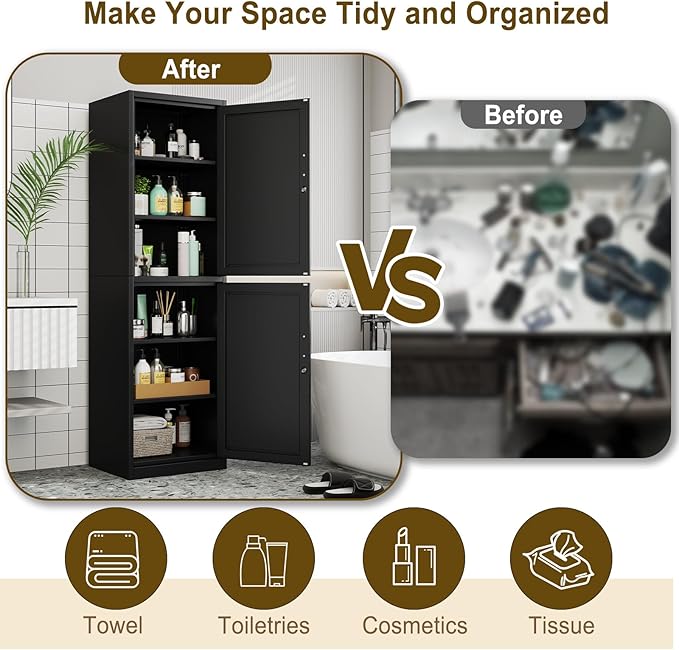 67" Metal Storage Cabinet with Lock, Tall Narrow Office File Cabinets with 2 Doors & 4 Adjustable Shelves, Metal Steel Locker for Home, School, Office, Garage or Gym (Black)