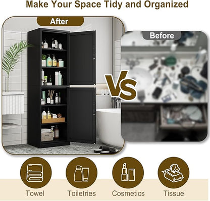 67" Metal Storage Cabinet with Lock, Tall Narrow Office File Cabinets with 2 Doors & 4 Adjustable Shelves, Metal Steel Locker for Home, School, Office, Garage or Gym (Black)