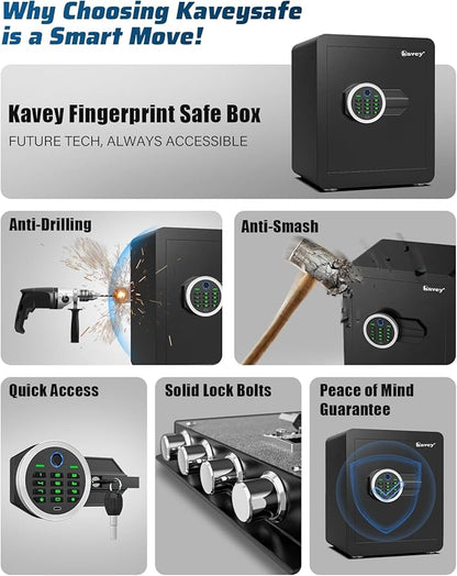 Kavey 2.0 Cub Biometric Fingerprint Safe Box, Home Safe with Dual Alarm System, Money Safe With Mute Function and LED Light, Safes with Removable Shelf, Safes for Money Valuables