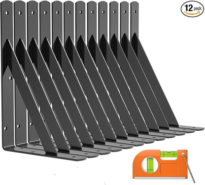 LuckIn 12-Pack Heavy Duty Shelf Bracket, 10 Inch Wall Shelf Brackets Fit for 10 12 Inch Floating Shelves, 90 Degree Triangle, 250 LBS Max Load, Mounting Hardware Included, Black