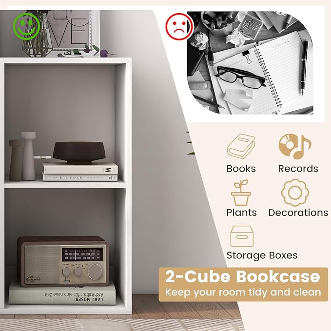 Giantex 2-Cube Bookcase, White Cubby Bookshelf w/Back Guardrail & Anti-Tipping Kits, 3-Tier Freestanding Storage Organizer with Shelves, Open Back Display Rack for Living Room, Bedroom
