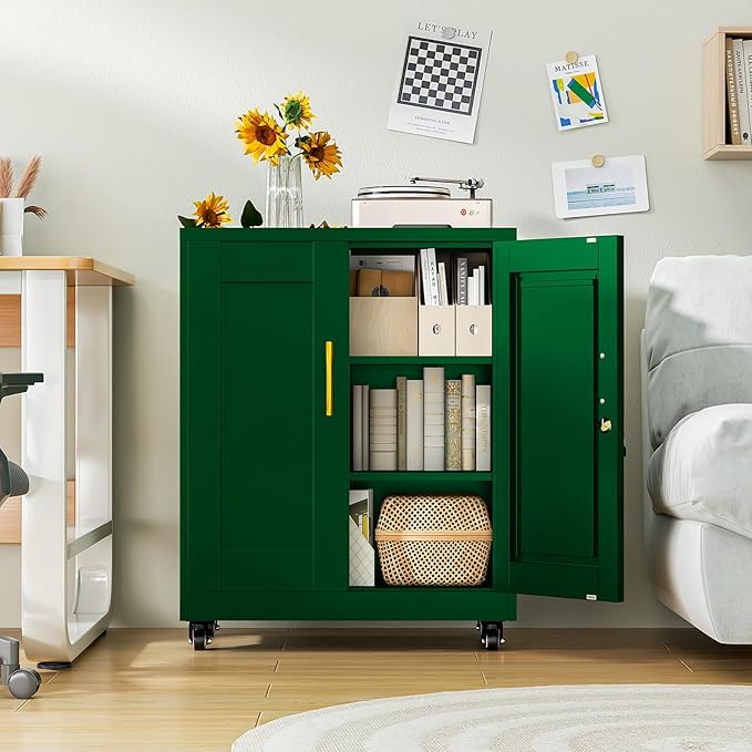Metal Storage Cabinet with Wheels, 36" Tall Locking Storage Cabinet with 2 Adjustable Shelves, Locking Garage Cabinet, Steel Locker Organizer, for Office, Home, School, Green