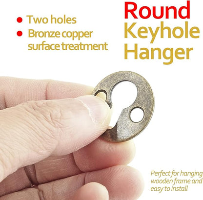 Piutouyar 48Pcs Round Keyhole Hangers, Picture Frame Shelf Keyhole Bracket Metal Keyhole Hanger Fasteners with Screws (Bronze Tone)