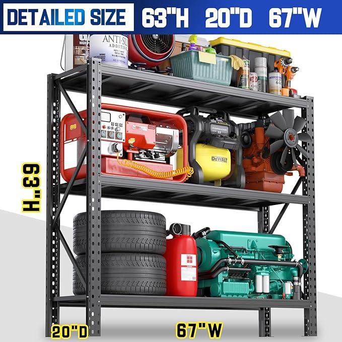 67” W Storage Shelves 8500Lbs Heavy Duty Adjustable Metal Garage Shelving Unit Rack Metal Storage Shelf for Heavy Tools and Equipment, Ideal for Garage, Basement, Black, 67" W X 20" D X 63" H