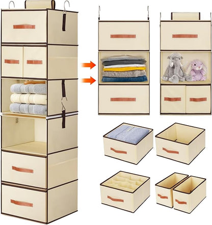 Hanging Closet Organizer 6-Shelf, Upgrade Hanging Shelves for Closet with 5 Removable Drawers & Side Pockets, Hanging Shelf Organizer for Bedroom or Garment Rack, 12.6'' x 12.6'' x 44.1'', Beige