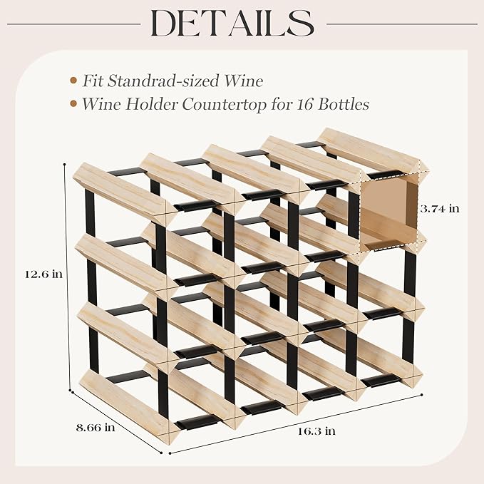 Urban Deco Wooden Wine Rack Countertop- Stylish Wine Racks for Cabinets, Perfect for Organizing and Displaying Your Wine Collection, Sturdy & Space-Saving Wine Storage Solution (16 Bottles)