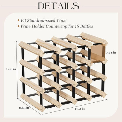 Urban Deco Wooden Wine Rack Countertop- Stylish Wine Racks for Cabinets, Perfect for Organizing and Displaying Your Wine Collection, Sturdy & Space-Saving Wine Storage Solution (16 Bottles)