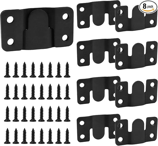 Stainless Steel Flush Mount Bracket, Interlocking Heavy Duty Photo Frame Hook, Interlocking Furniture Connector for Hanging Headboards Large Picture Display Wall Mount Hardware (Black, 4 Pairs)