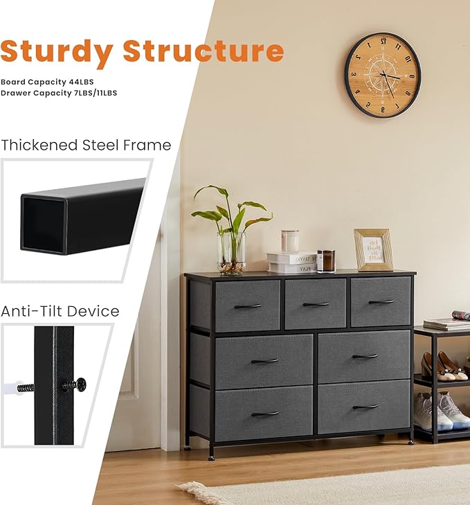 Sweetcrispy 7 Drawer Dresser Storage Organizer with Fabric Bins, Sturdy Steel Frame and Wood Top, Easy Pull Handles, for Bedroom Closet Hallway Entryway,Grey