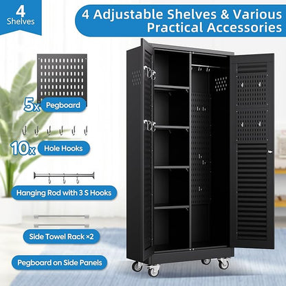 SUXXAN Broom Closet with Wheels 71"x 31.5"x15.75", Metal Cleaning Cabinets with Louvered Doors Hooks and Hanging Rods, Lockable Cabinet with Pegboard, Adjustable Shelf,for Garage, Laundry Room
