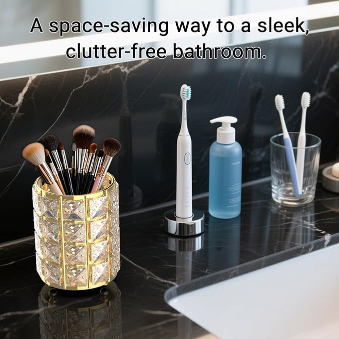 LUGUNU Makeup Brush Holder with Golden Silver Crystal Bling – Elegant Vanity Organizer for Brushes, Pens & Pencils, Ideal for Bathroom or Office Countertop(2Pack)