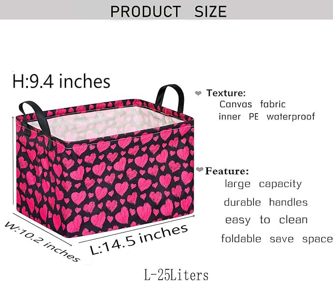 KUNRO Rectang Heart Pattern Valentine's Storage Basket Gift Shelf Basket Storage Bin, Nursery Basket Organizer Box for With Handles for Room Deco