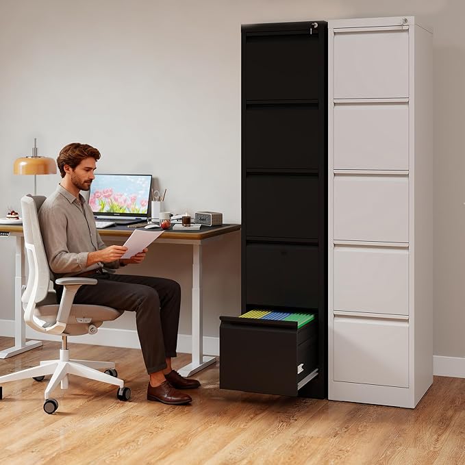 5 Drawer File Cabinet with Lock, Vertical Filing Cabinets for Home Office, Metal Storage Cabinets, Heavy Duty File Cabinet for Letter/Legal/A4/F4 Size Amsseble Required, Black