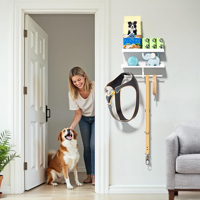 Dog Leash Holder for Wall, Leashes Hanger, Wall Mounted Dog Stuff Storage and Organizer, Metal Key Holder Pet Leash Hooks for Leashes, Training Treats, Chew Toys, Keys, Large (White)