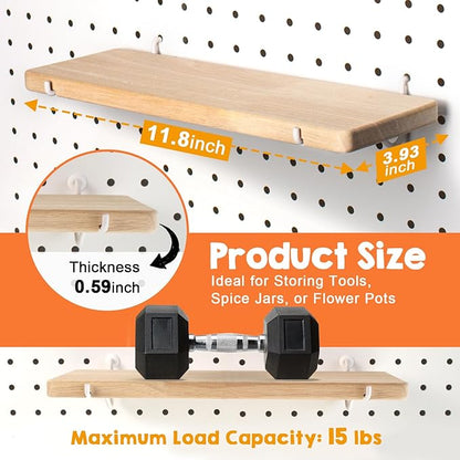 Solid Wood Pegboard Shelf, Pegboard Shelves with Pegboard Hooks, Pegboard Accessories for Craft Room, Garage, Gaming Room, 4 Pack