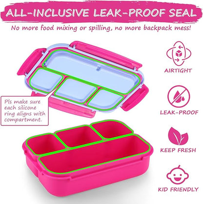 QQKO Bento Box for Kids Adults, School Toddler Lunch Box for Boys Girls, Lunch Box Containers with 4 Compartments, Sauce Container, Utensils, Food Picks and Muffin Cups for School, Pink Blue