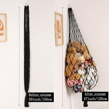 Stuffed Animal Hammock Corner Hanging Net for Stuffy Animal Storage Macrame Toy Display Plushie Toy Holder-Perfect for The Tiny Space Walls, Kid Bedroom Decor Playroom Organizer (Black)
