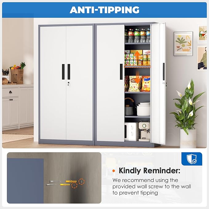 INTERGRAET 63" Pantry Cabinet, Kitchen Pantry Storage Cabinets with 2 Doors and 4 Shelves,Gray White Metal Storage Cabinet,Cupboard for Home,Kitchen,Living Room/Dining