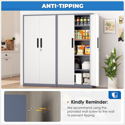 INTERGRAET 63" Pantry Cabinet, Kitchen Pantry Storage Cabinets with 2 Doors and 4 Shelves,Gray White Metal Storage Cabinet,Cupboard for Home,Kitchen,Living Room/Dining