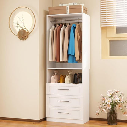 Closet System with Drawers, 2FT Wood Closet Organizer System 23.7" Walk-in Closet Corner Freestanding Small Closets Storage System with Hanging Rods, White (2FT)
