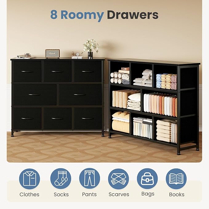 DUMOS TV Stand, Dresser with 8 Fabric Drawers, Spacious Storage Tower for Closet, TV Stand with Wood Top and Mental Frame, Storage Unit for Living Rooms, Bedroom and Entryway, Black