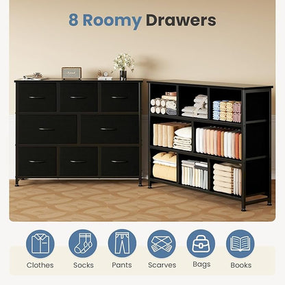 DUMOS TV Stand, Dresser with 8 Fabric Drawers, Spacious Storage Tower for Closet, TV Stand with Wood Top and Mental Frame, Storage Unit for Living Rooms, Bedroom and Entryway, Black