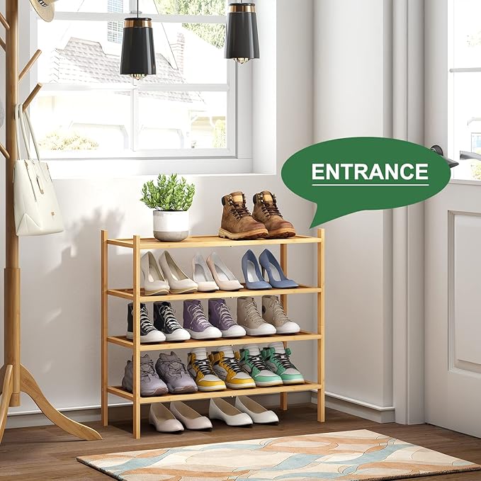 4-Tier Shoe Rack for Entryway, Bamboo Wood Shoe Rack 4-Tier, Stackable Shoe Organizer for Closet, Free Standing Shoe Racks for Indoor & Outdoor