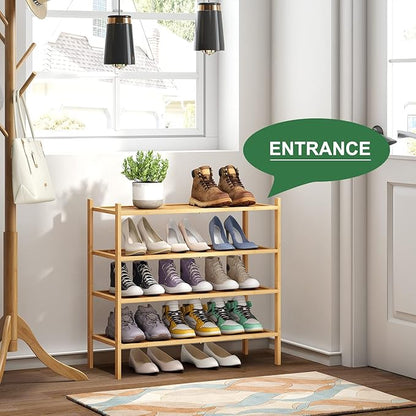 4-Tier Shoe Rack for Entryway, Bamboo Wood Shoe Rack 4-Tier, Stackable Shoe Organizer for Closet, Free Standing Shoe Racks for Indoor & Outdoor