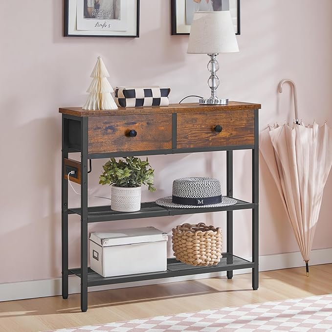 HOOBRO 29.5" Narrow Console Table with Power Outlet, Small Entryway Table with 2 Fabric Drawers, Behind Couch Table Sofa, 3-Tier Storage Shelves, for Living Room, Hallway, Rustic Brown BF72UXG01