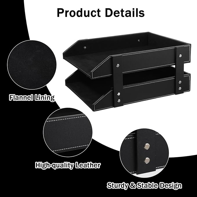 2-Tier Stackable Leather Desk Organizer, Letter Tray Holder for File, A4 Paper, Magazine & Stationery, Desktop Storage Box for Office & Home (Black)