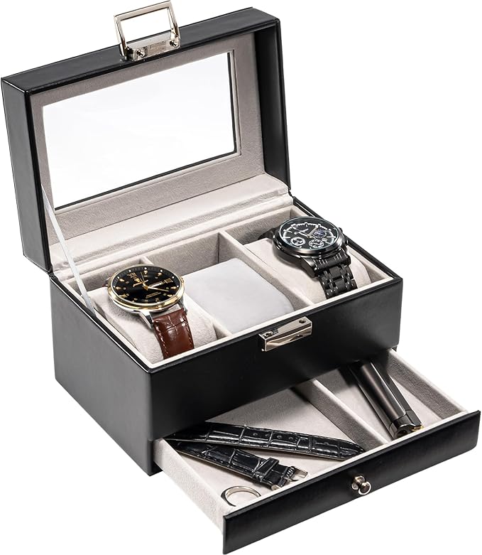 ProCase Watch Box, 3 Slot Watches Display Case with Drawer, Mens Watch Case with Glass Lid, 2-Layer Mens Jewelry Organizer Storage Holder, Birthday Valentine Gifts for Men-3 Slot, Black